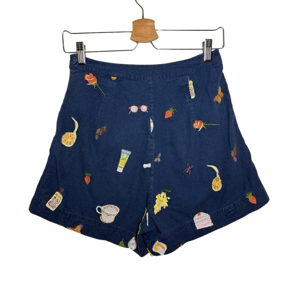 Samantha Pleet Indigo Blue Cotton Novelty Embroidered High Rise Sun Shorts 4 - Picture 3 of 9